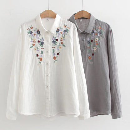 Spring Double 100% Cotton Yarn Shirts Women Turn-down Collar Loose Tops Girl Long Sleeve Embroidery Blouses 2024 Autumn T42909QM
