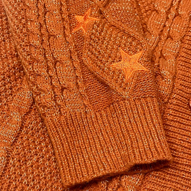 Glittery TS Cardigan Women Orange Chunky Knit Sweater with Star Embroidery Gold Thread Showgirl Cardigan Tay Cardi TLOAS