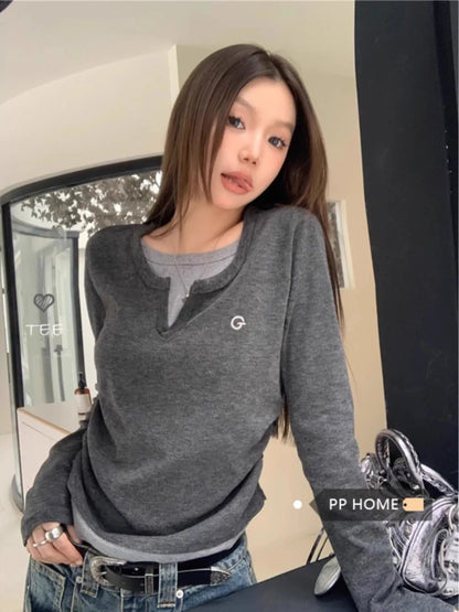 Women's T-shirt fake two piece long sleeved T-shirt for autumn and winter slim fit and slimming bottom top retro bottom top