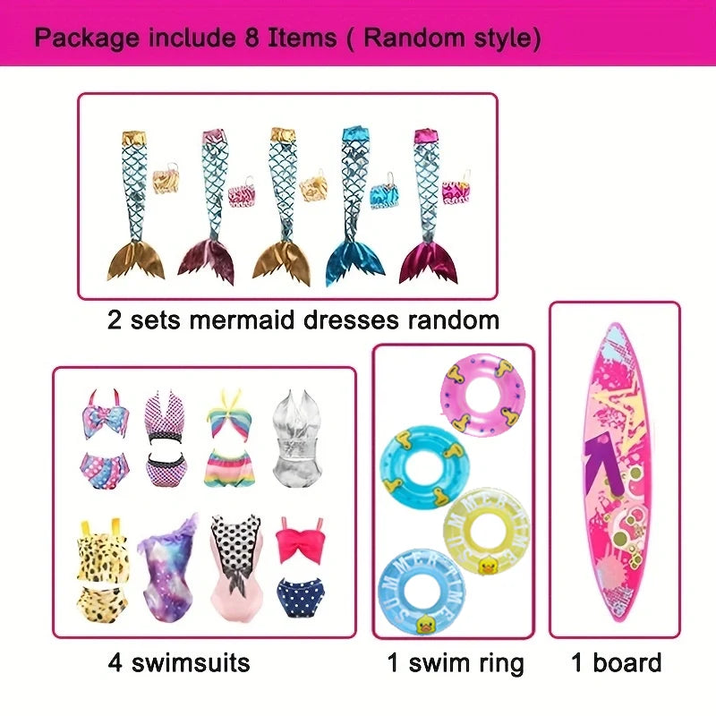 8Pcs Set Doll Clothes and Accessories Include Swimsuit Bikini Mermaid Dresses Board Swim Ring  for 12''  Doll Girl's Toy