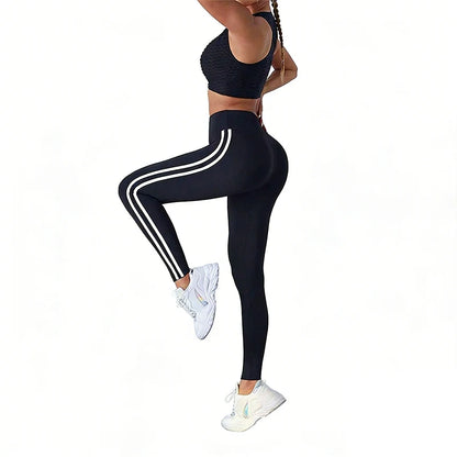 Womens High Waist Striped Yoga Leggings Butt Lifting Stretchy Breathable Tummy Control Soft Workout Pants for Gym Running