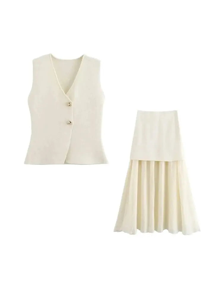 Women Fashion With Golden Buttons Knit Waistcoat And High Elastic Waist Pleated Midi Skirt Female Two Piece Sets Mujer