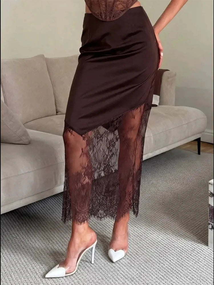 Trendix Women Patchwork Lace Skirts 2025 New High Waist Slim Hollow Out Maxi Skirts Autumn Brown Fashion Party Club Boho Skirt