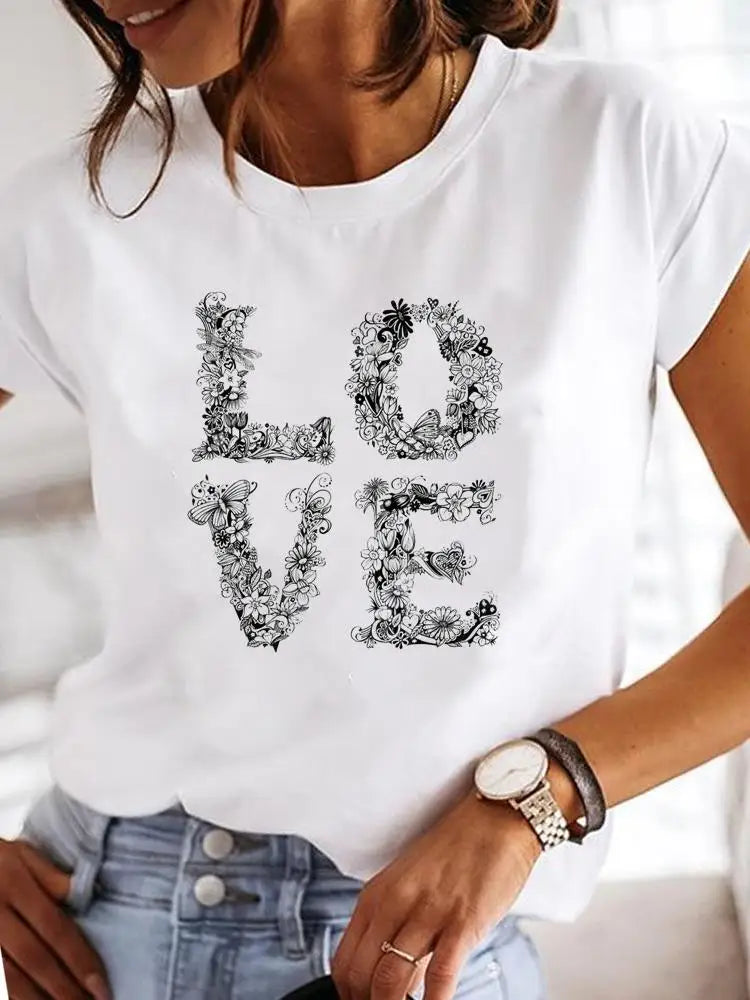 Short Sleeve Casual Ladies Fashion Female Graphic Tee Women Love Heart Watercolor Sweet Print Summer T Clothing T-shirts