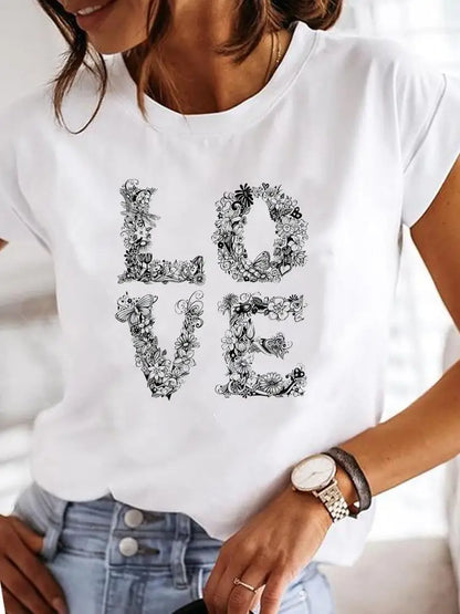 Short Sleeve Casual Ladies Fashion Female Graphic Tee Women Love Heart Watercolor Sweet Print Summer T Clothing T-shirts