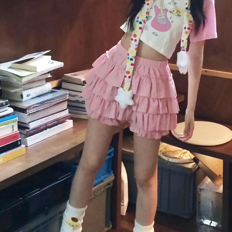 Y2K Sweet Ruffles Mini Skirt Women Kawaii Lolita Bow A Line Skirts Harajuku Japanese High Waist Pink White Ball Gown Skirt