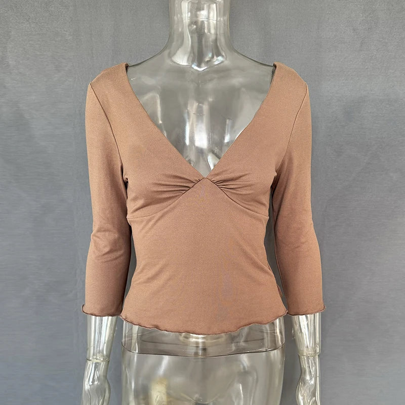 Sexy V-Neck T-shirts Women Tops Summer Long Sleeve Slit Solid Pullover Slim-Fit Chic High-Street 2026 Female Shirts Tee Tops