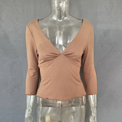 Sexy V-Neck T-shirts Women Tops Summer Long Sleeve Slit Solid Pullover Slim-Fit Chic High-Street 2026 Female Shirts Tee Tops