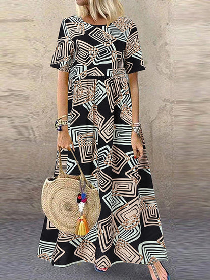 ZANZEA Summer Maxi Dress Women's Vintage Printed Sundress Casual Loose Short Sleeve Vestidos Vacation High Waist Robe Femme 2024