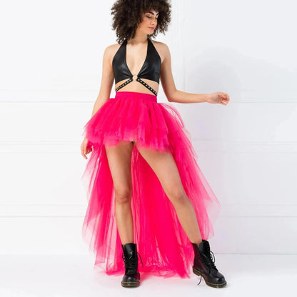 MisShow Hi-Lo Tulle Petticoat Women's Long Four Layer Puffy Skirt Fuchsia Tutu Skirts Adult Junpon Goth For Party Cocktail