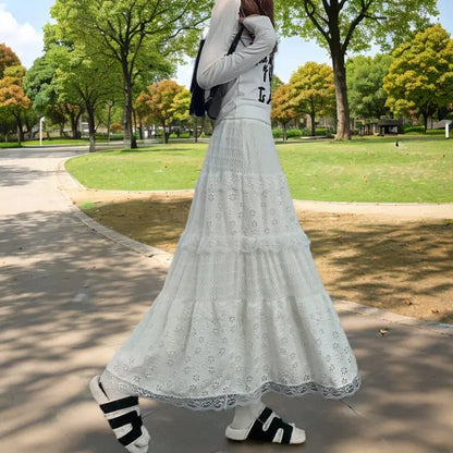 Lace Skirts Women French Style Ankle-length High Elastic Waist Hollow Out Patchwork New Loose Slim Korean  A-line Sweet Fit