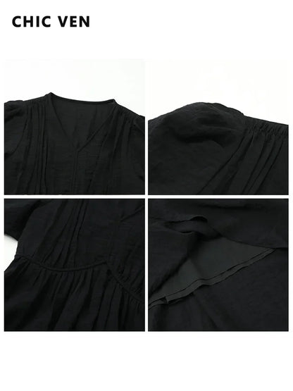 CHIC VEN Women Dresses French Style Vintage V-neck Puff Sleeve Long Dress Solid Black Loose Female Clothing Summer New 2023
