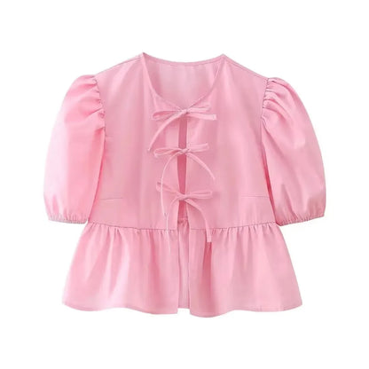 HH Fashion Solid Hollow Out Shirt Women Causal O Neck Short Sleeved Lace Up Tops Chic Female Casual Blouse Streetwear 2024