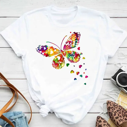 Y2k Women's Colorful Butterfly Petal Print T-Shirt, Short Sleeve, Round Neck, Cute Graphic Tee Shirts, Female Tops Clothes