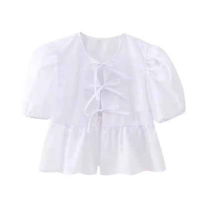 HH Fashion Solid Hollow Out Shirt Women Causal O Neck Short Sleeved Lace Up Tops Chic Female Casual Blouse Streetwear 2024