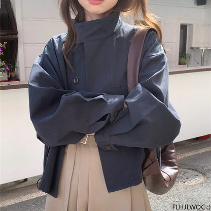 Korea Short Outerwear Woman Casual Loose Lazy Chic Long Sleeve Cotton Blends Windbreaker Coats Thin Thench