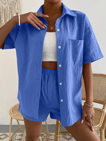 Women's Cotton Suit  Short Sleeve Casual Elegant Green Soild Two Piece Set Women Outfit Suit Shorts and Shirt for Women