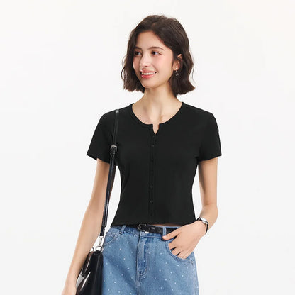 Semir Short Sleeve T-Shirt Women Cropped Petite-Friendly Elegant 2025 New Summer Embroidered Slim Fit Cardigan Versatile
