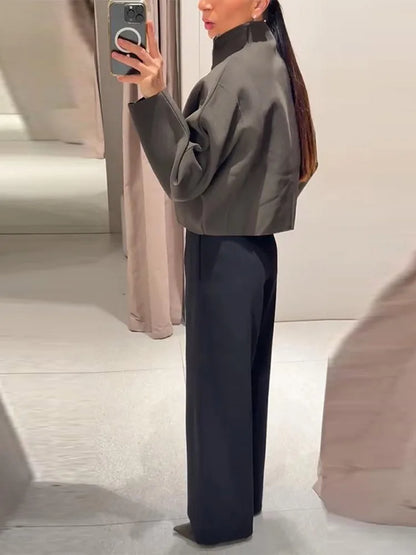 Vintage Stand Collar Women's Cropped Jacket Zipper Loose Full Sleeve Thick Warm Coat 2025 Autumn Winter Lady New in Outwear