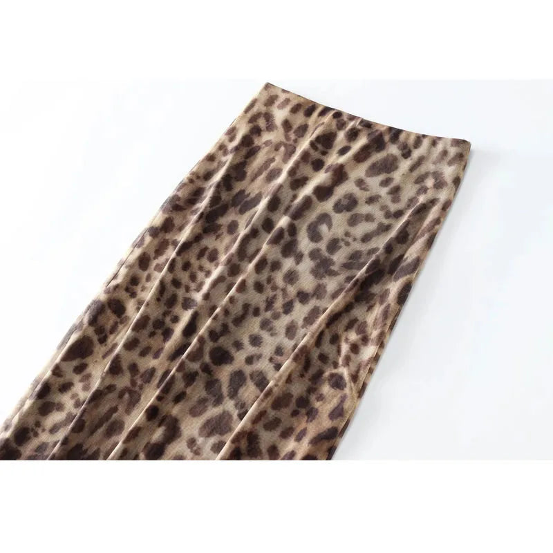 HXAO Leopard Print Tulle Skirt Woman Vintage High Waist Long Skirts For Women Summer Mesh Midi Skirt Elegant Women's Skirts