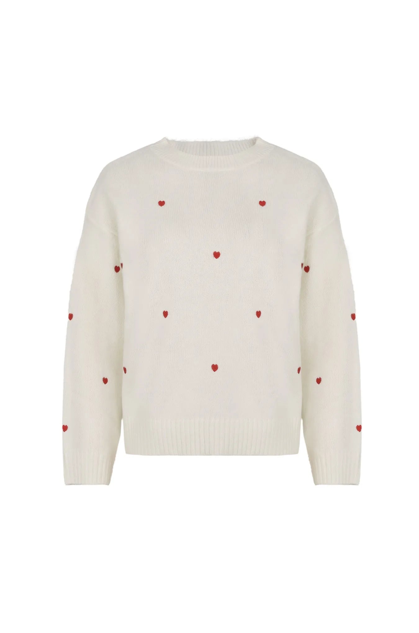 Women's Cream Red Heart Embroidered  Knit Sweater Crew Neck Long Sleeve Casual Pullover Fashion Comfortable Top