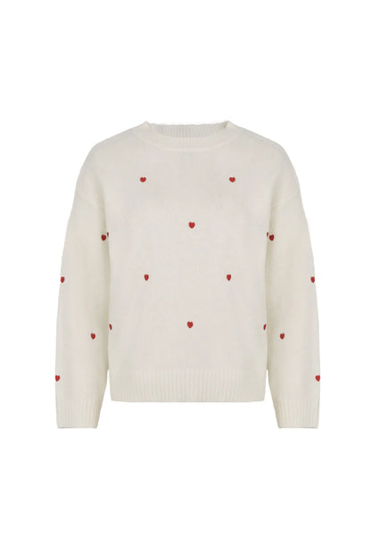 Women's Cream Red Heart Embroidered  Knit Sweater Crew Neck Long Sleeve Casual Pullover Fashion Comfortable Top