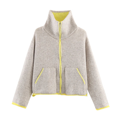 2025 Winter New Product Women's Lazy Style Loose Contrasting Color Decorative Layer Knitted Pilot Jacket Coat
