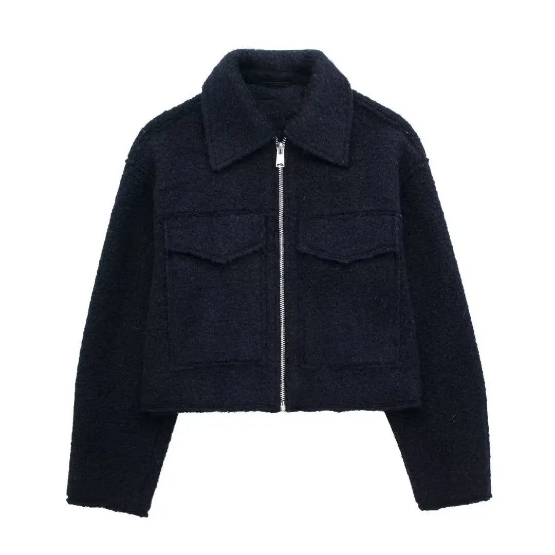 DUOPERI Women Fashion Winter Autumn Fleece Cropped Jacket Lapel Collar Long Sleeves Female Chic Lady Casual Short Outwear