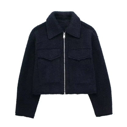 DUOPERI Women Fashion Winter Autumn Fleece Cropped Jacket Lapel Collar Long Sleeves Female Chic Lady Casual Short Outwear