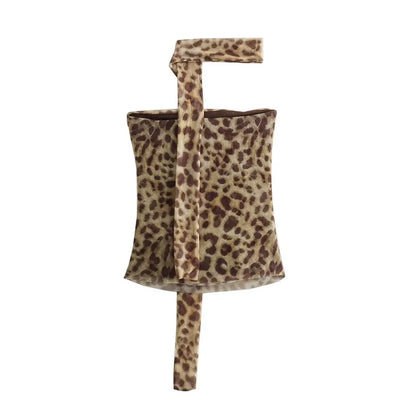 MUJER Leopard Print Tulle Crop Top Woman Ruched Off Shoulder Bandeau Top Women Sleeveless Backless Tube Top Summer Sexy Tops