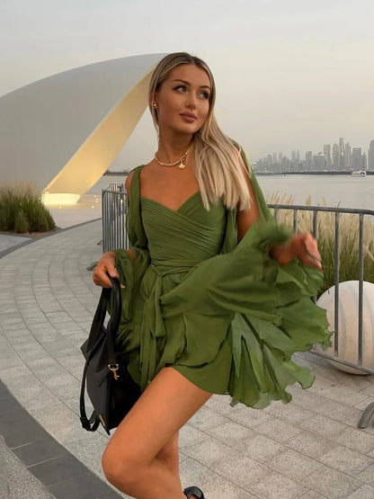Irregular Mesh Split Long Sleeve Dress Sexy Green Lace Up Pleated Hem High Waist Vestido Summer Lady Vacation Beach Gowns 2025