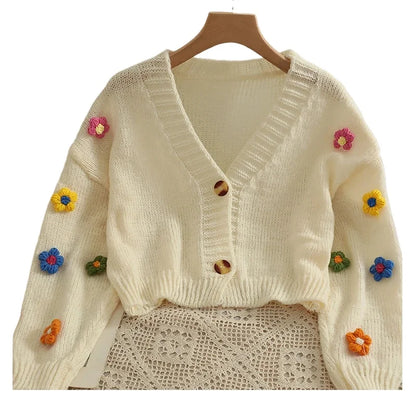 2026 New Spring Autumn Colourful Applique Flower Cardigan for Women Cute Long  V-neck Knit Crop Sweater Girl Soft Knitwear
