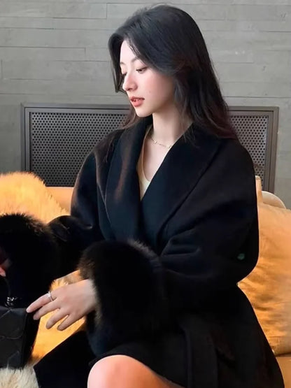 Solid Lace Up Faux Fur Sleeve Jacket Woman Elegant Mid-length V-neck Woolen Blend Coat Autumn Casual Fashion Scarf Outwear 2025