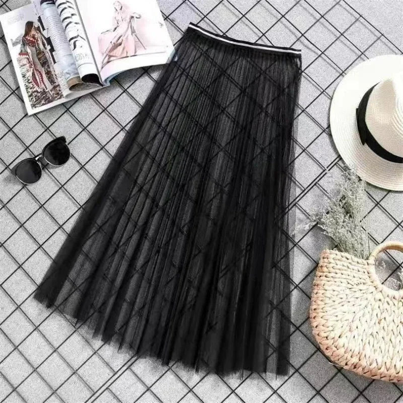 Transparent Sexy Lace Mesh Skirt Elastic High Waist Black White Tulle  Mini Skirts Womens Skirt  Korean Fashion