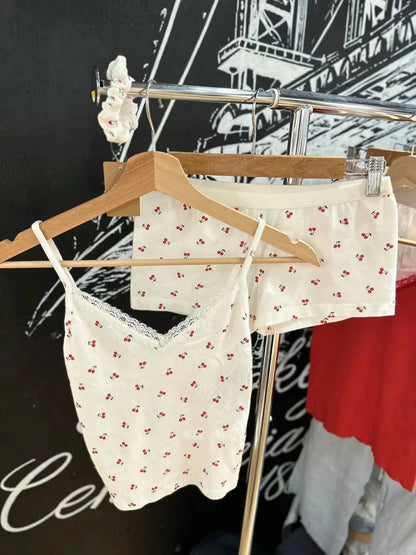 Strawberry Vest Shorts 2 Pieces Set Woman Eyelet Bow Slim Tank Top with Elastic Waist Patchwork Straight Short Pant Sweet Sets