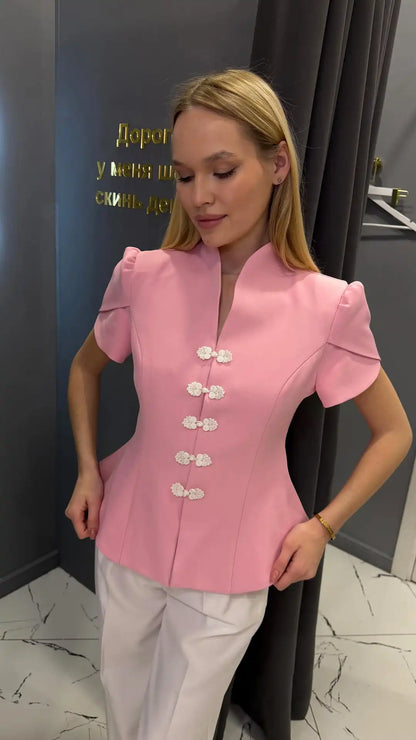 Women's Frog Button Puff Sleeve Shirt Trousers Set O-neck Leg-binding Lantern Pants Suits Lady 2026 Spring Summer Female Outfits