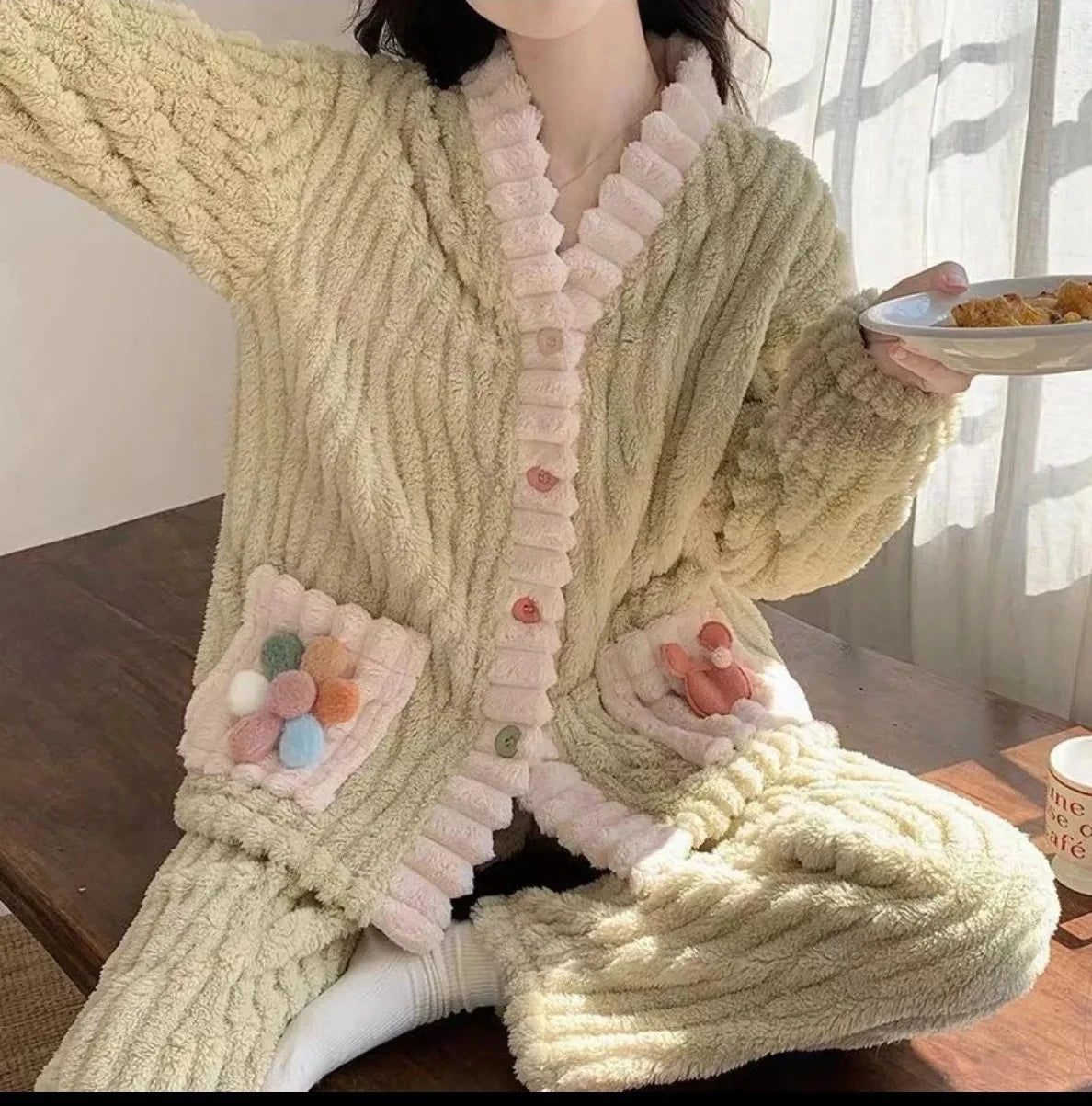 Épaissi chaud flanelle femmes vêtements de nuit vêtements de détente Cardigan costume hiver doux Kawaii doux  dames pyjamas Home