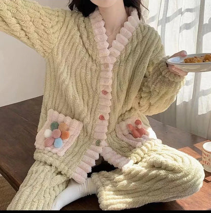 Épaissi chaud flanelle femmes vêtements de nuit vêtements de détente Cardigan costume hiver doux Kawaii doux  dames pyjamas Home
