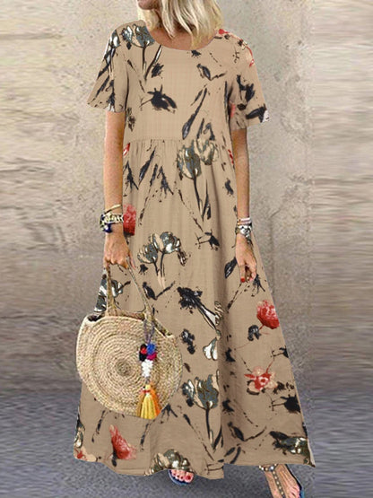 ZANZEA Summer Maxi Dress Women's Vintage Printed Sundress Casual Loose Short Sleeve Vestidos Vacation High Waist Robe Femme 2024