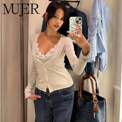 MUJER Lace Cropped Cardigan Women Button up Knit Tops Woman Vintage Knitwears Long Sleeve Knitted Cardigans Sweaters for Women