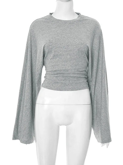 Women's Long Sleeve O-Neck Skinny T-Shirt Monochromatic Crop Top Casual Y2K Streetwear Fashion Pullover Summer Outfit