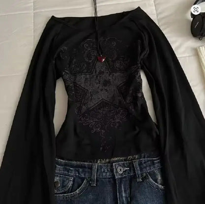 Y2K Grunge Emo Pattern Top Suitable for Autumn E-Girls Millennium Style Women's Aesthetic Gothic Printed Loose Long Sleeve T-shi