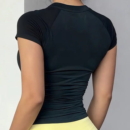 HISTELLO Sports Short Sleeve Top Women Gym Yoga Top Workout Clothes Sports T Shirt Fitness Activewear Running Tight Tops