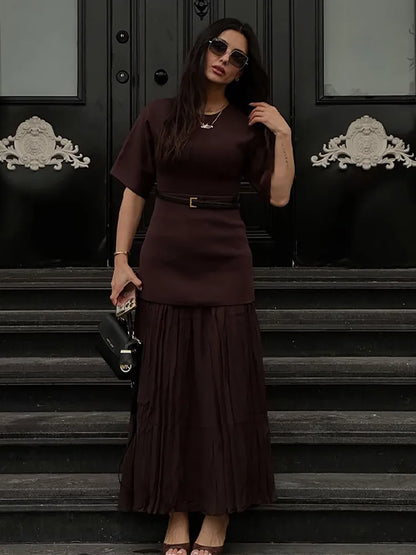 2025 Chic Splicing Brown Half Sleeve Maxi Dress Women's Casual Pleated A-line Slim Vestidos Female Office Commute Street Robes