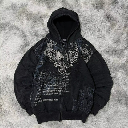 American Double-Sided Plaid Loose Zipper Hoodie Men Y2K New Harajuku Hip-Hop Gothic Couple Casual Joker Sweatshirt Street Wear
