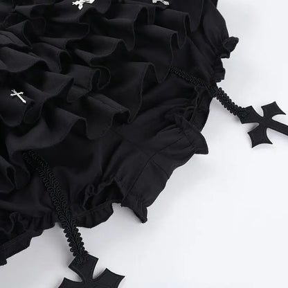 Women Skirts Tiered Ruffles Mini Skirt with Cross Charms Built-in Shorts Kawaii Sukapan Skort Gothic Punk Coquette Y2K E-girl