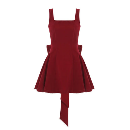 BKLD Fashion Red Bowknot Mini Dress Straps Square Collar Sleeveless Backless Vintage Cute Ladies Slim Party Short A-line Dresses