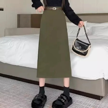 Retro Hong Kong Style Thickened Corduroy Solid Color Half-length Skirt Women's Autumn Winter Wraparound Skirt Mid-length Skirt