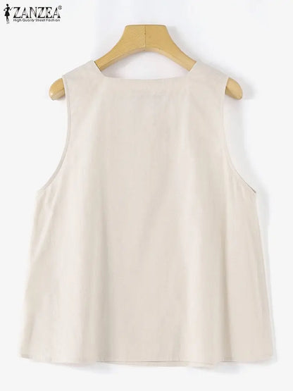 ZANZEA Summer Tanks Tops Women Square Neck Sleeveless Blouse Elegant Cotton Shirt Casual Solid Holiday Beach Blusas Female Tunic
