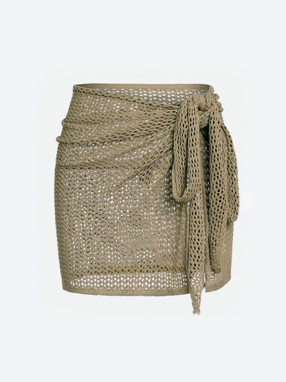 Women's Knitted Short Skirt with Hollow Straps and Slit, Sexy Beach Coverup Shirt for Summer
